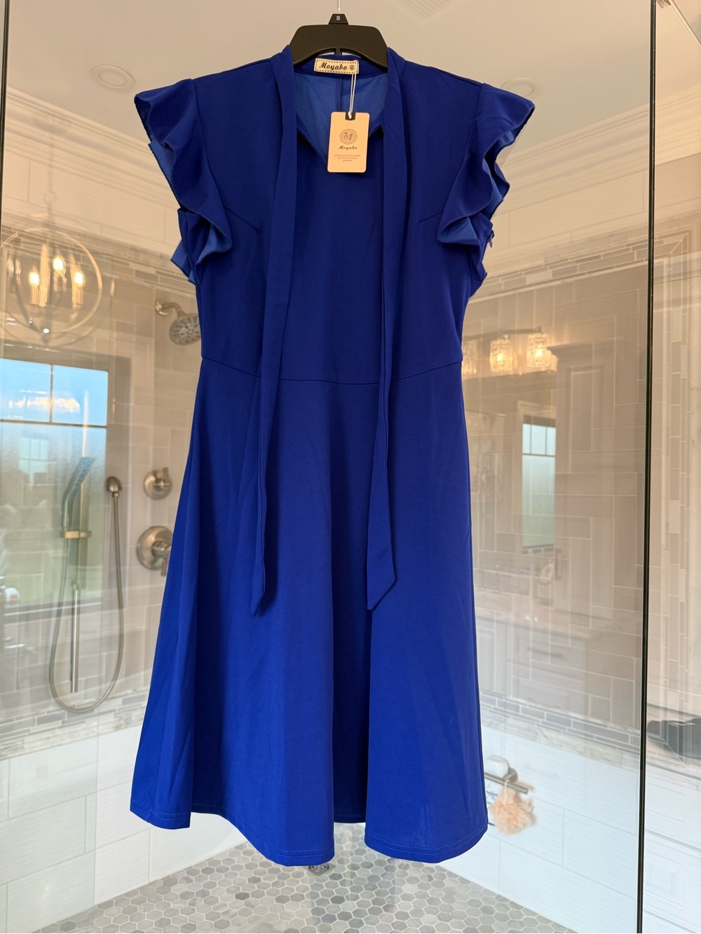 Royal Blue Ruffle Sleeve Tie-Neck Dress